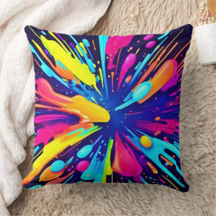  Neon Paint Explosion on Dark Canvas Throw Pillow