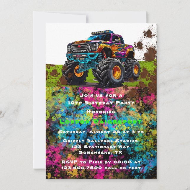 Neon Paint Monster Truck Boy Birthday Party  Invitation (Front)