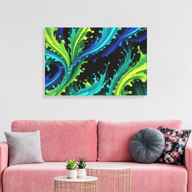 Neon Paint Splashes On Black Canvas Print (Insitu(LivingRoom))