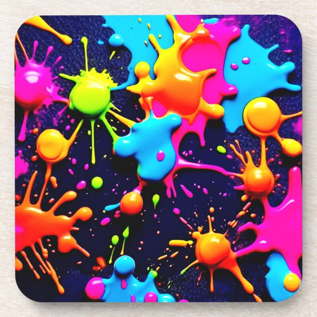 Neon Paint Splatter Abstract Art Coaster (Front)