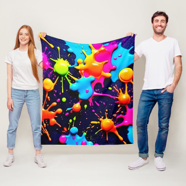 Neon Paint Splatter Abstract Art Fleece Blanket (In Situ)