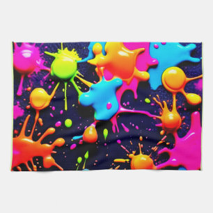Neon Paint Splatter Abstract Art Kitchen Towel