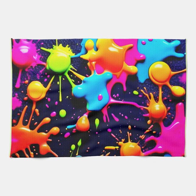 Neon Paint Splatter Abstract Art Kitchen Towel (Horizontal)