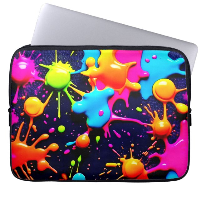 Neon Paint Splatter Abstract Art Laptop Sleeve (Front)