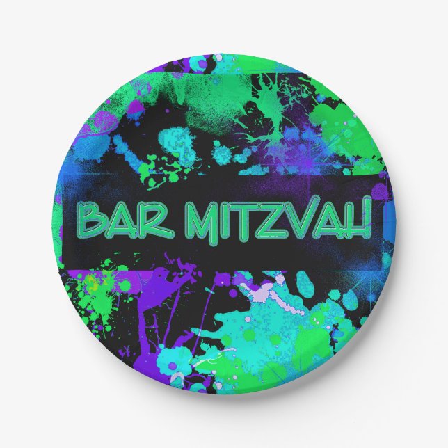 Neon, Paint Splatter, Bar Mitzvah Paper Plate (Front)