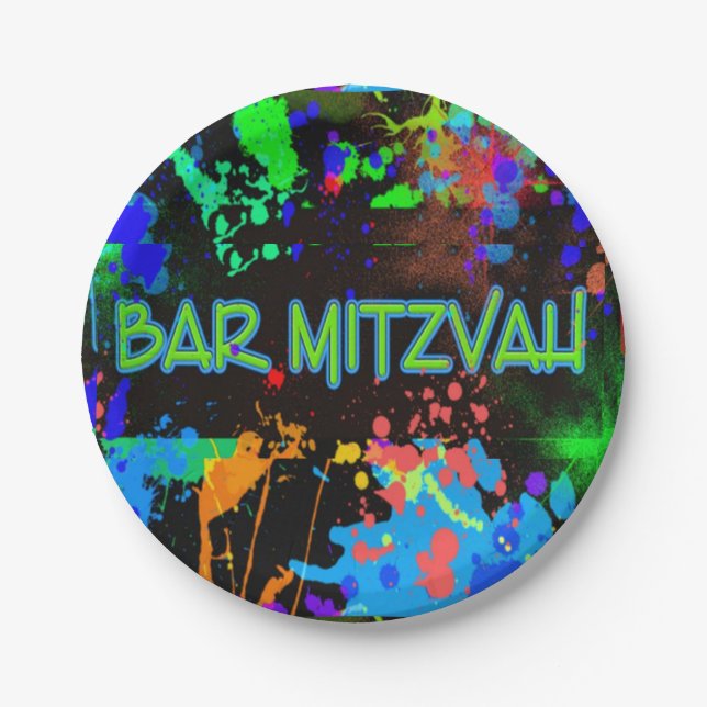 Neon, Paint Splatter, Bar Mitzvah Paper Plate (Front)