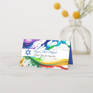 Neon Paint Splatter, Bat Mitzvah Star of David Place Card