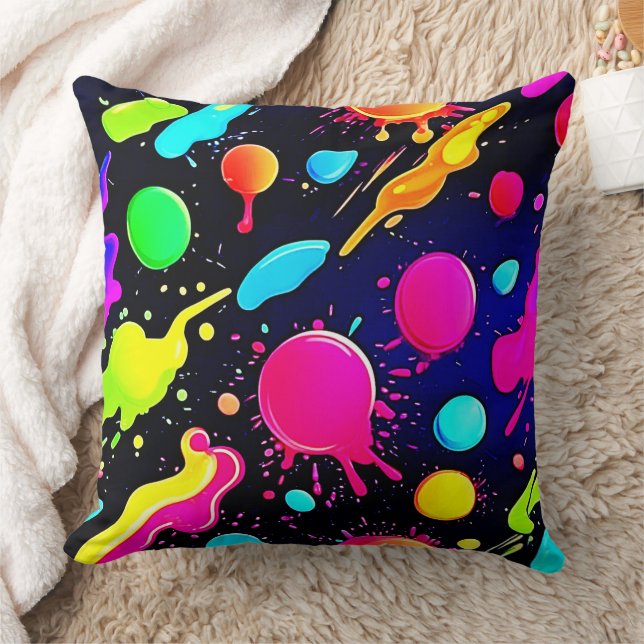 Neon Paint Splatter Design Throw Pillow (Blanket)