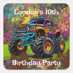 Neon Paint Splatter Monster Truck Birthday Party Square Sticker