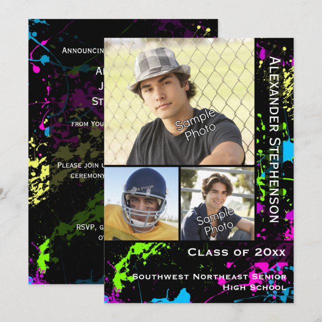 Neon Paint Splatter Photo Graduation Invitation (Front/Back)