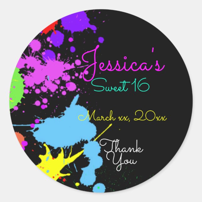 Neon, Paint Splatter, Sweet Sixteen, Bat Mitzvah, Classic Round Sticker (Front)