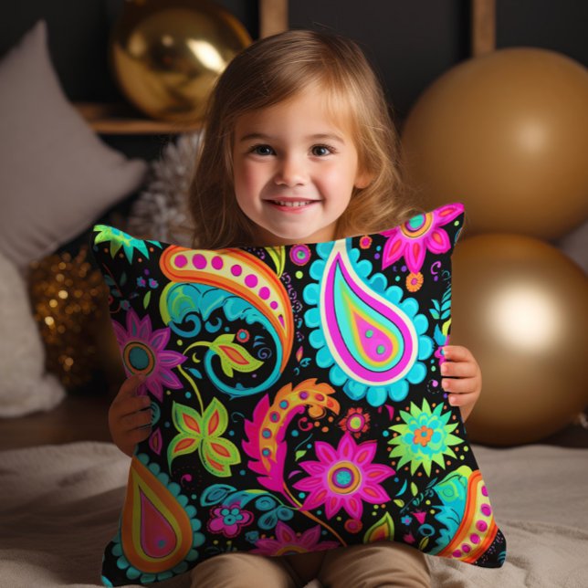 Neon Paisley Black Pink Blue Colourful Throw Pillow (Cute neon pink, blue, and green paisley on black decorator pillow)
