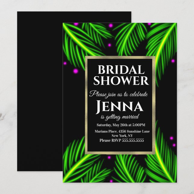 Neon Palm Leaf Bright Tropical Bridal Shower Invitation (Front/Back)