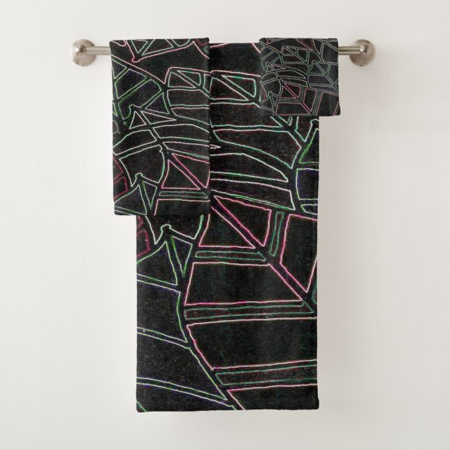 Neon Palm Leaves Pop Art on Black Bath Towel Set (Insitu)