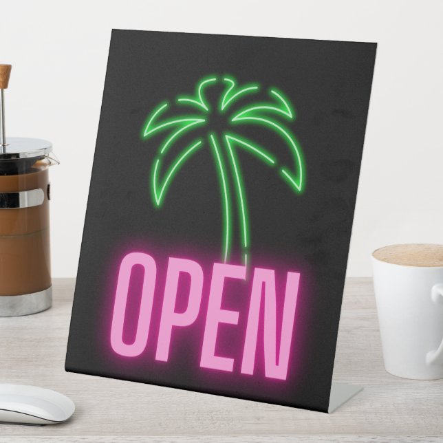 Neon Palm Tree Green & Pink Open Pedestal Sign (In SItu)