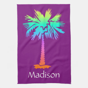 neon palm tree tropical summer purple customizable kitchen towel