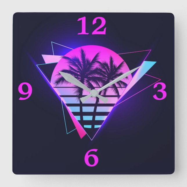 Neon Palm Trees Square Wall Clock (Front)