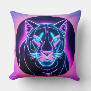 Neon Panther Face in Geometric Art Throw Pillow