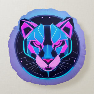 Neon Panther Face In Geometric Futuristic Style 🐆 Round Pillow