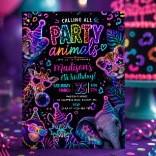 Neon Party Animals Birthday Invitation