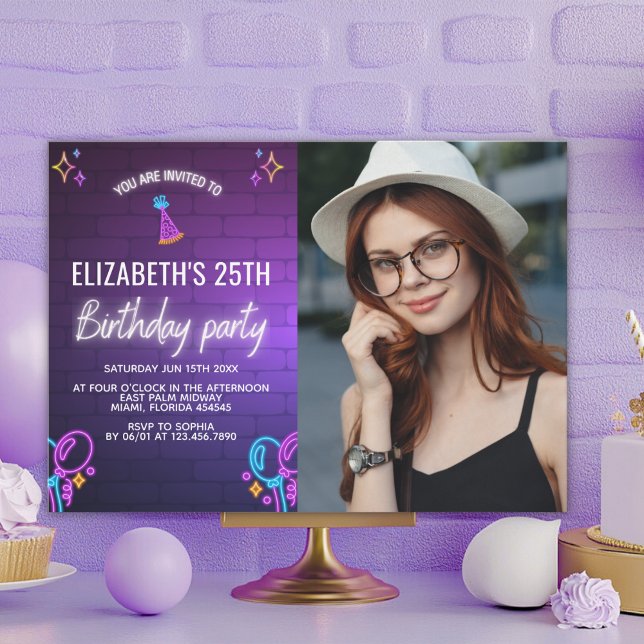 Neon Party Birthday Invitation Photo Design (Créateur téléchargé)