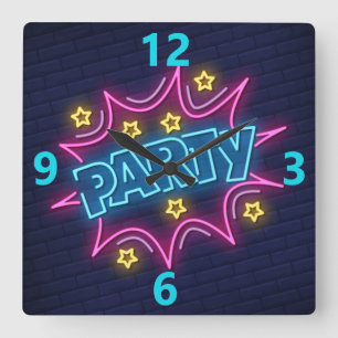 Neon Party Sign Square Wall Clock