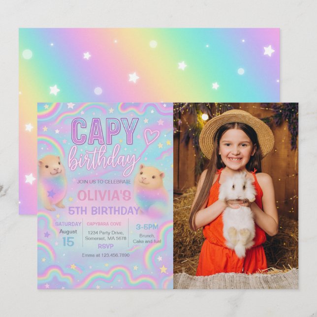 Neon Pastel Capybara Birthday Party Photo Invitation (Front/Back)