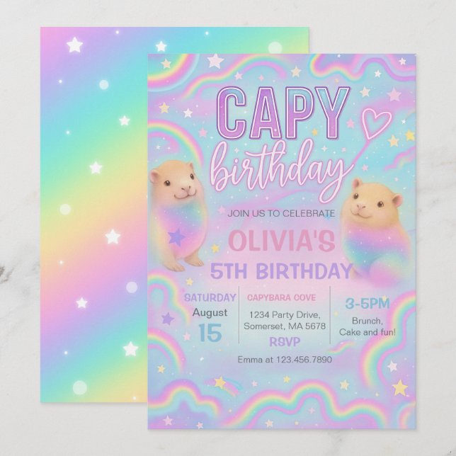 Neon Pastel Capybara Invitation de fête d'annivers (Devant / Derrière)