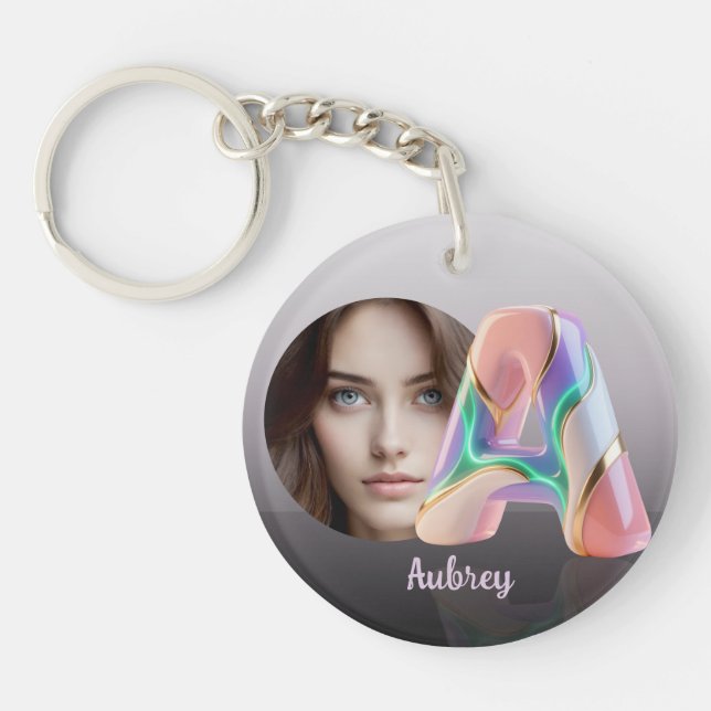 Neon Pastel Sculptural 3D Letter A personal photo Keychain (Front)