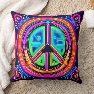 Neon Peace Mandala Throw Pillow