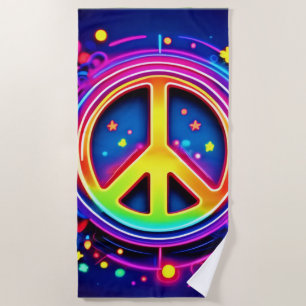 Neon Peace Symbol Art Beach Towel