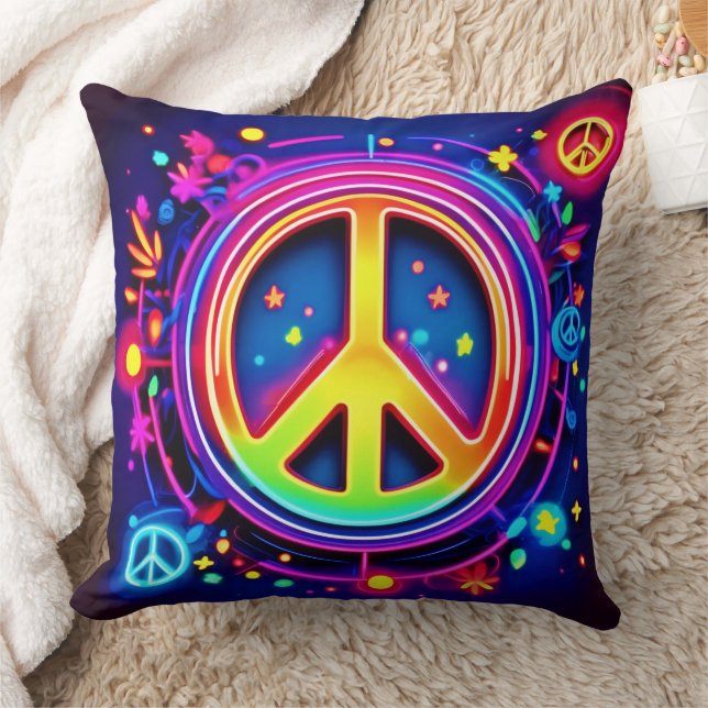 Neon Peace Symbol Art Throw Pillow (Blanket)