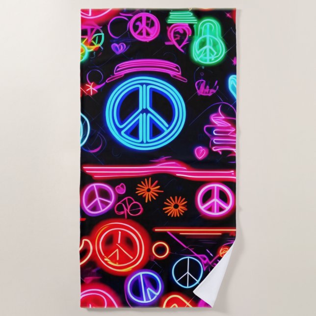 Neon Peace Symbol Patterns Beach Towel (Front)