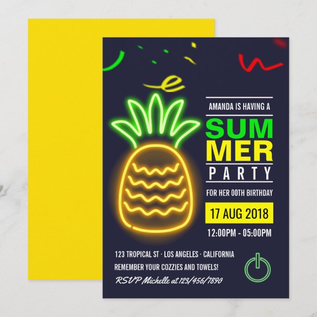 Neon Pineappy été Anniversaire Invitation (Devant / Derrière)