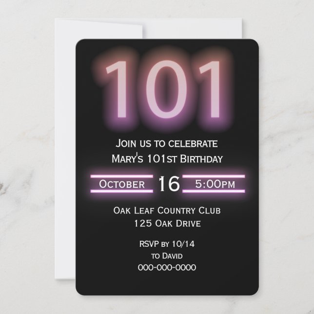 Neon Pink 101e anniversaire de fête Invitation (Devant)