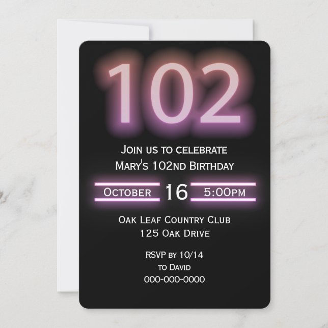 Neon Pink 102e Invitation de fête d'anniversaire (Devant)
