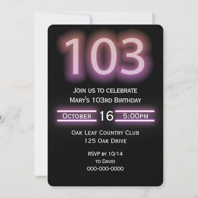 Neon Pink 103rd Birthday Party Invitation (Front)