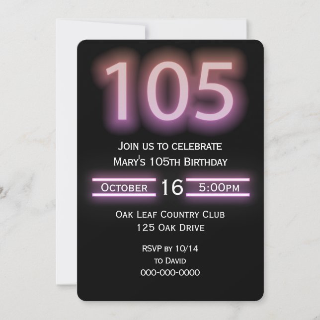 Neon Pink 105e anniversaire de fête Invitation (Devant)