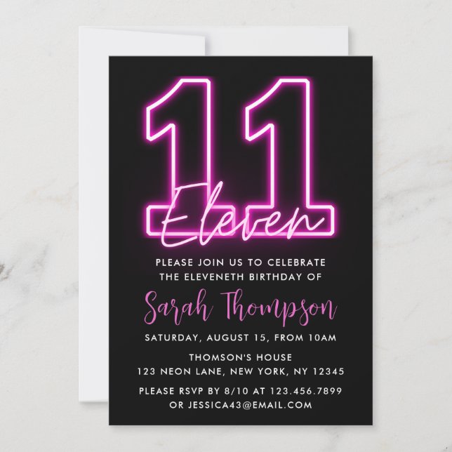 Neon Pink 11th Birthday Invitation (Front)