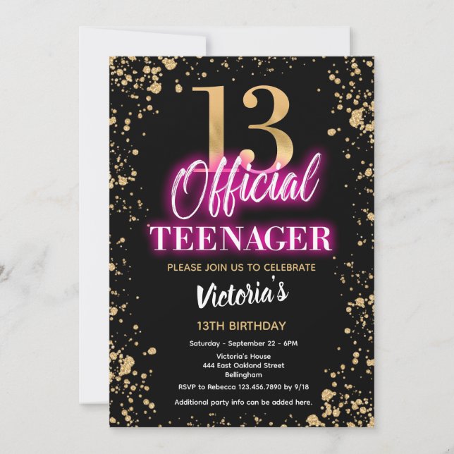 Neon Pink 13th Birthday Party Invitation (Front)