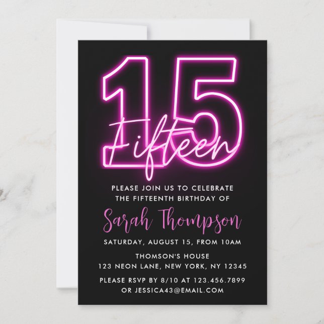 Neon Pink 15th Birthday Invitation (Front)