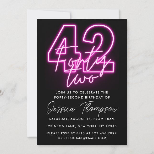 Neon Pink 42nd Birthday Invitation (Front)