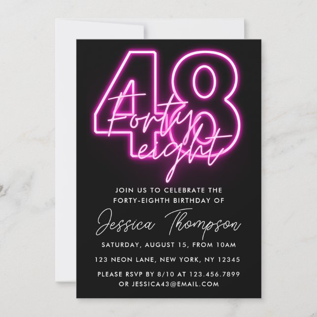 Neon Pink 48th Birthday Invitation (Front)
