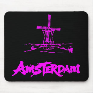 Neon Pink Amsterdam Windmill Sketch Modern Black Mouse Pad