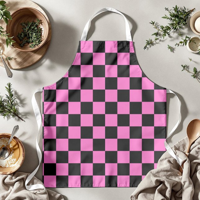 Neon Pink and Black Chequered Chequerboard Vintage Apron (Creator Uploaded)