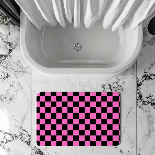 Neon Pink and Black Chequered Chequerboard Vintage Bath Mat