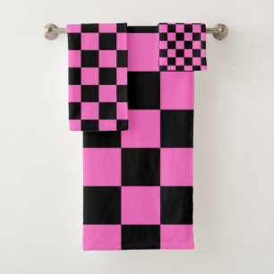 Neon Pink and Black Chequered Chequerboard Vintage Bath Towel Set