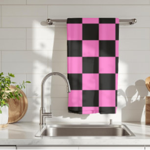 Neon Pink and Black Chequered Chequerboard Vintage Kitchen Towel