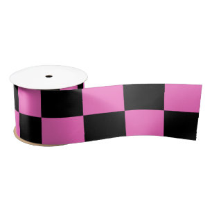 Neon Pink and Black Chequered Chequerboard Vintage Satin Ribbon