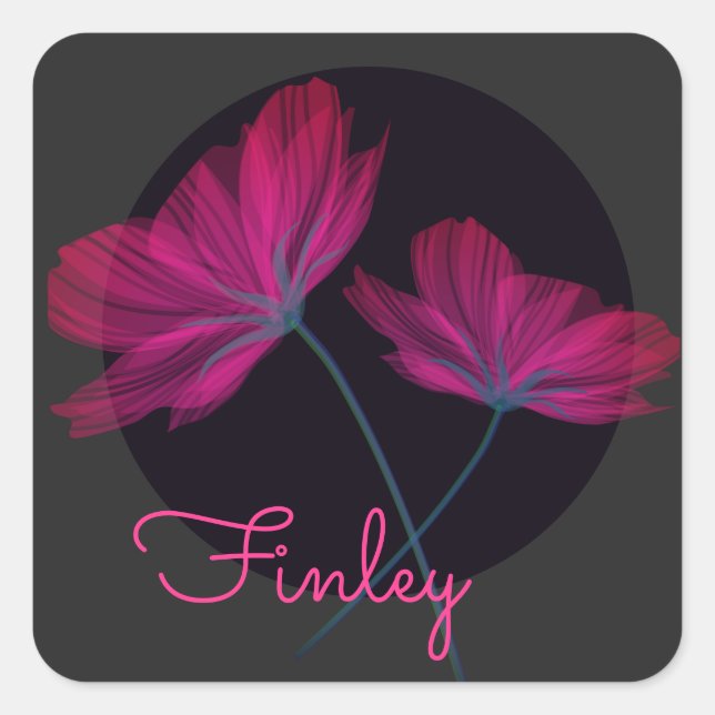 Neon pink and black flowers with name Floral Square Sticker (Front)
